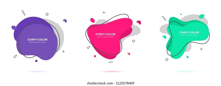 Modern liquid irregular amoeba blob shape abstract elements graphic flat style design fluid vector illustration set banner simple shape template for presentation, flyer, isolated on white background