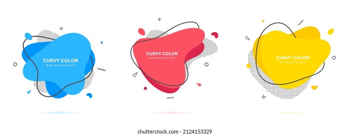 Modern liquid irregular amoeba blob shape abstract elements graphic flat style design fluid vector illustration set banner simple shape template for presentation, flyer, isolated on white background