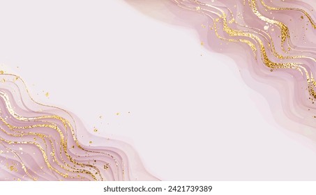 Modern liquid marble border design with gold waves and glitter dust.