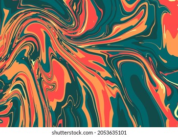 Modern liquid marble or epoxy resin in green, orange and red. Abstract bright background with texture of marble slab or slice for cover designs, case, wrapping paper, greeting cards. Luxury print.