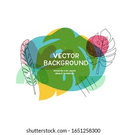 Modern liquid shapes layout with hand drawn elements. Floral motif abstract banner with copy space. Overlapping tropical leaves and simple shapes template for cover, apparel, blog, newsletter, leaflet