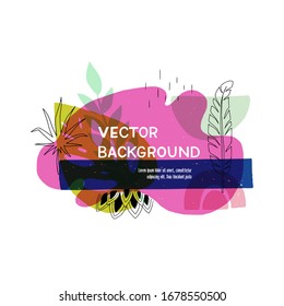 Modern liquid shapes layout with hand drawn elements. Floral motif abstract banner with copy space. Overlapping tropical leaves and simple shapes 