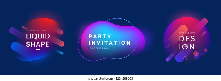 Modern Liquid shapes set. Abstract shapes in different neon colors. Colorful dynamic badges with light effect. Applicable for club party invitation design, social post, web banner. Vector eps 10.