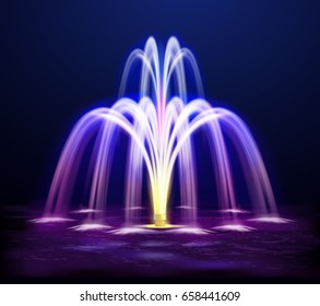 Modern lit night fountain illuminated yellow and purple color on dark background realistic vector illustration