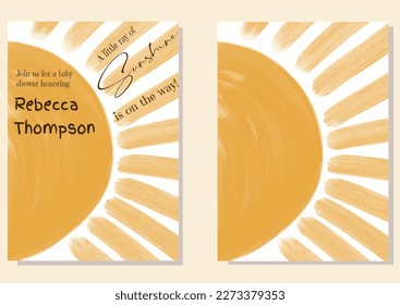 Modern Little Ray of Sunshine Baby Shower Invitation with Sun Backgroung you can use for posters, cards, birthday invite or decoration