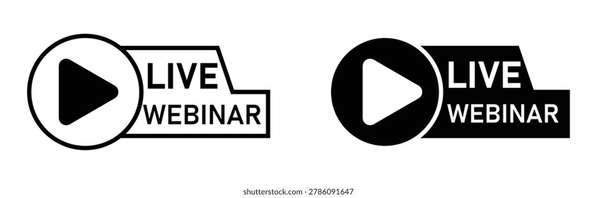 Modern live webinar event streaming play button icon set for online broadcast and virtual conferences