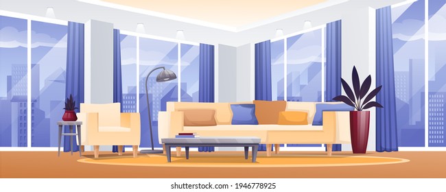 Modern living or hotel room interior design background. Home with sofa with pillows, table with flowers, chairs, windows. Empty cosy area for rest and recreation vector illustration.