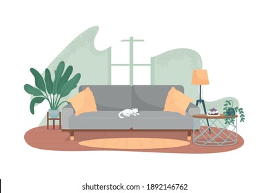 Modern living room 2D vector web banner, poster. Cat on grey sofa. Cosy living area. Contemporary apartment flat scene on cartoon background. Home recreation printable patch, colorful web element