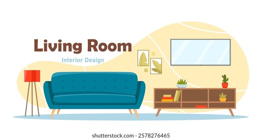 Modern living room with a blue sofa, wooden cabinet, plants, and decor, on a light abstract background. Concept of cozy interior design. Vector illustration