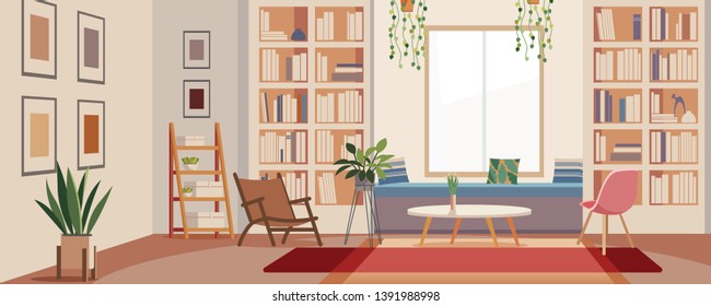 Modern living room in bright colors. Interior room home library.  Vector cartoon, flat illustration.