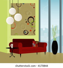 Modern living room; colorful and stylized. Each item is grouped so you can use them independently from the background. Easy-edit layered file.