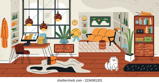 Modern living room concept. Stylish apartment interior with furniture and decor. Cozy or comfortable home with soft sofa, workspace and indoor plants. Cartoon flat vector illustration in doodle style