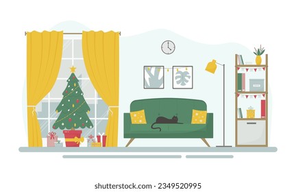 Modern living room decorated for Christmas with Christmas tree, gifts and lights. Vector illustration in flat style.