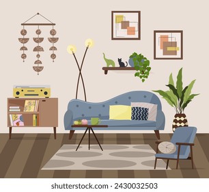 Modern living room design illustration. Sofa and armchair, bedside table, music player and records, wall decor and paintings, flowers in pots. For brochures, leaflets and flyers, furniture stores