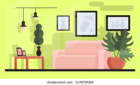 modern living room design/ stylish minimalism loft interior with sofa . vector flat illustration