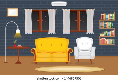 Modern Living Room Family House Interior Furniture Vector Illustration