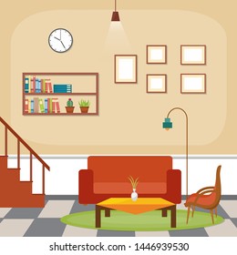 Modern Living Room Family House Interior Furniture Vector Illustration