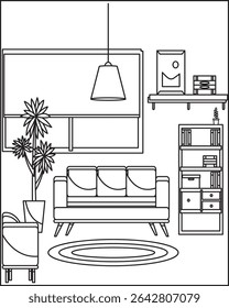 Modern living room featuring a green sofa, abstract wall art, and a cozy fireplace. The space is elegantly designed with soft lighting and a minimalist aesthetic, creating warmth. Coloring Page 
