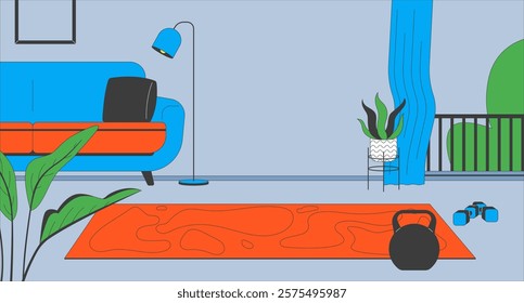 Modern living room with fitness equipment flat illustration. Livingroom with yoga mat, potted plants, kettlebell and dumbbells 2D interior cartoon background. Home workout scene vector image