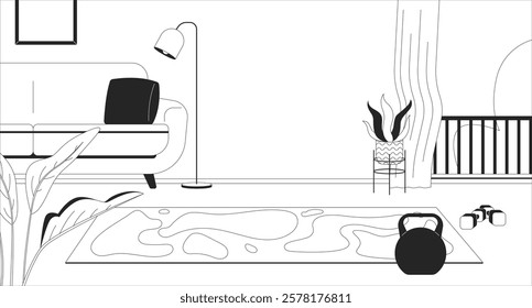 Modern living room with fitness equipment black and white line illustration. Livingroom with yoga mat, potted plants, kettlebell dumbbells 2D interior monochrome backdrop. Home workout outline vector