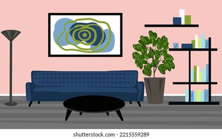 Modern living room flat design. Living room vector. Hand-drawn cartoon interior illustration.