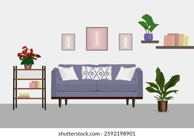 Modern living room with furniture. Cozy apartment furnished with sofa, adorned with decorative cushions, bookcase, shelves. Home interior design with house plants potted and pictures. Not AI generated