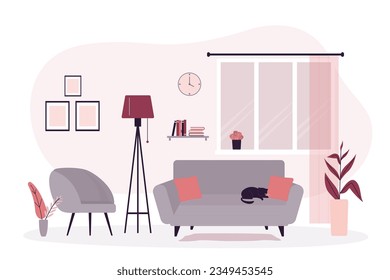Modern living room with furniture and curtains on window. Empty lounge interior with cat on sofa, lamp, books on table and window. flat vector illustration