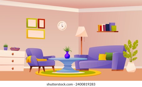 Modernes Wohnzimmer mit Möbeln und Vorhängen auf Panoramafenster. Wohnzimmer in der modernen Wohnung. Vektorgrafik-Illustration des Innenraums