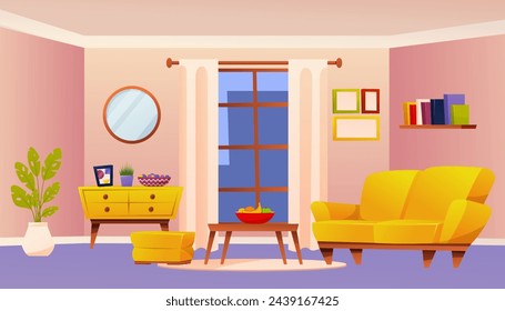 Modern living room with furniture and curtains on panoramic window. Living room in modern apartment with cityscape view in window. Vector cartoon illustration of home interior