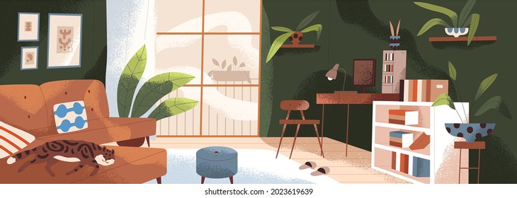 Modern living room with furniture and decor. Cozy apartment furnished with sofa and shelves. Trendy contemporary home interior design with house plants, pictures and window. Flat vector illustration - Shutterstock ID 2023619639