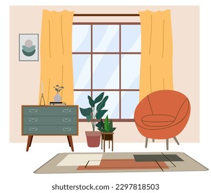 Modern living room with furniture and decor. Cozy apartment furnished with armchair and chest of drawers. Trendy home interior design with house plants, picture and window. Flat vector illustration