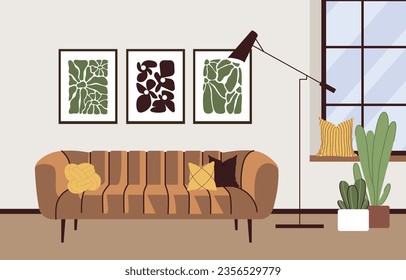 Sala de estar moderna con muebles y decoración. Acogedor apartamento amueblado con sofá y estantes. Decoración moderna y moderna de estilo hogareño con plantas, cuadros y ventanas. Ilustración vectorial plana