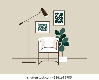 Modern living room with furniture and decor. Cozy apartment furnished with chair and shelve. Trendy contemporary home interior design with house plants, pictures and window. Flat vector illustration