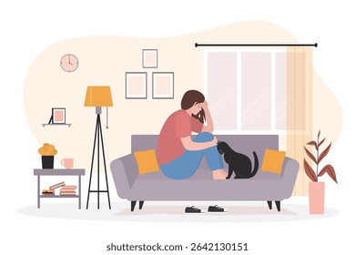 Modern living room with furniture. Female character sitting on sofa and crying. Depression concept. Young sad and tired woman. Mental health, psychological problems, abuse. flat vector illustration 