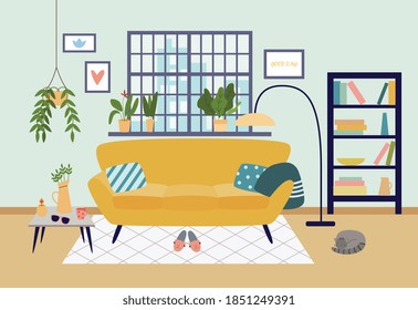 Modern living room with furniture in house. Interior of comfortable and cozy room with a sofa, floor lamp, large window, potted plants and a sleeping cat. Vector flat illustration.