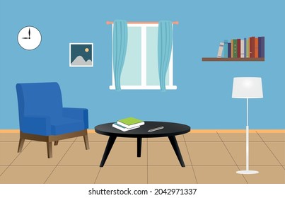 modern living room with furniture  with mini table,lamp,book,clock and window vector illustration