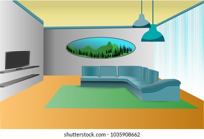 Modern Living room with furniture. Nice cozy interior with mountain view,lamp,big sofa and tv. Flat style vector illustration.