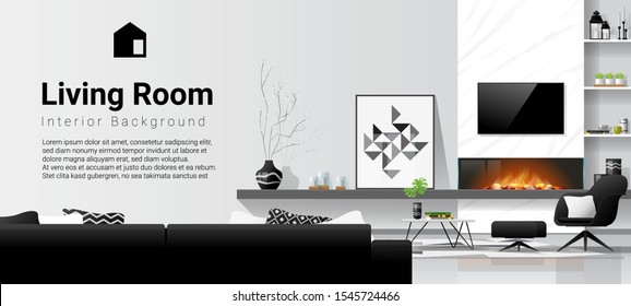 Modern living room interior background with fireplace and furniture in black and white theme , vector , illustration