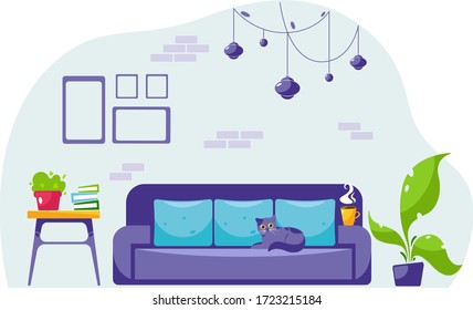 Modern living room interior. Cat lying on the sofa. Living room design. Vector illustration in a flat style.