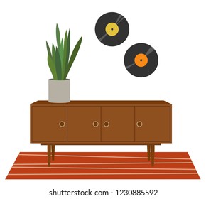 Modern living room interior. Chest of drawers with snak plant, carpet and vinyl records. Vector illustration.