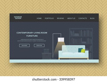 Modern living room interior with classic furniture . Flat design, minimalist style. Horizontal banner on wooden pattern. Isolated abstract elements . Vector illustration - 10EPS - for your advertising