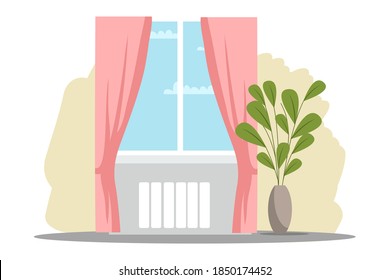 Modern living room interior design, view from window background. Room at home with plants, heating battery, curtains. Empty cosy area for rest and recreation vector illustration.