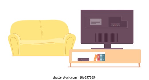 Modern living room interior design background. Room at home with sofa, television, stand with tv player and books. Empty cosy area for rest and recreation vector illustration.