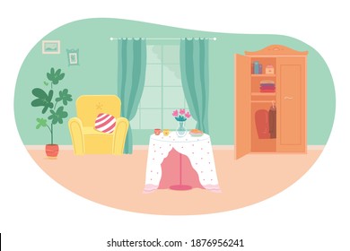 Modern living room interior design background. Room at home with armchair, table, wardrobe, plant, window with curtains. Empty cosy area for rest and recreation vector illustration.