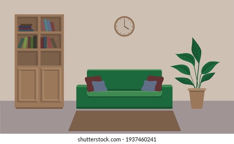 Modern living room interior. Design of a cozy room with a sofa, wardrobe and houseplant