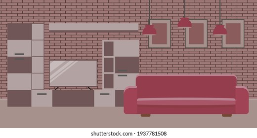 Modern living room interior. Design of a cozy room with a brick wall, sofa, wardrobe, TV and lamps.