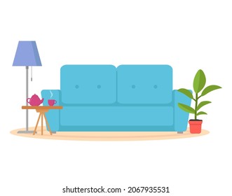 Modern living room interior design. Cozy room with sofa, potted plant, coffee table and decor accessories. Vector design template with blue couch, lamp. Planning and arrangement of furniture in room