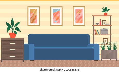 Modern living room interior design. Cozy room with sofa, decor accessories. Planning and arrangement of furniture in room for rest. Sofa place to relax. Contemporary furniture living room, home office