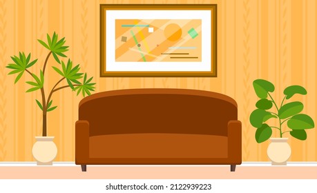 Modern living room interior design. Cozy room with sofa, decor accessories. Planning and arrangement of furniture in room for rest. Sofa place to relax. Contemporary furniture living room, home office