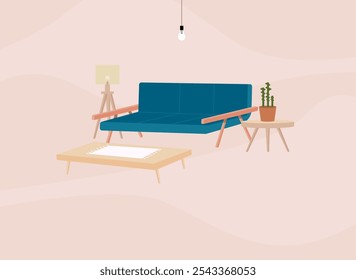 Modern living room interior design vector illustration 
Living room flat vector illustration floor lamp, coffee table, sofa, cactus, lightbulb